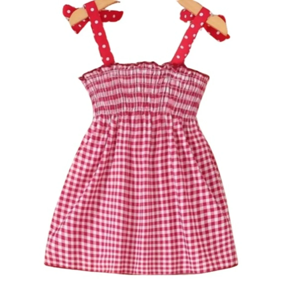 Gingham Embroidered Strawberry Sun Dress with Bows